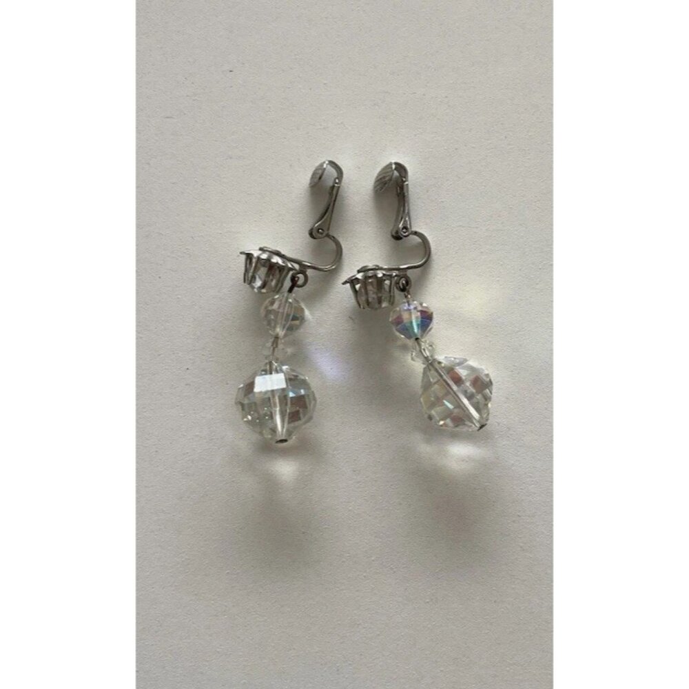 Vintage Clear Aurora Borealis Faceted AB Crystal Beaded Dangle Earrings Quality